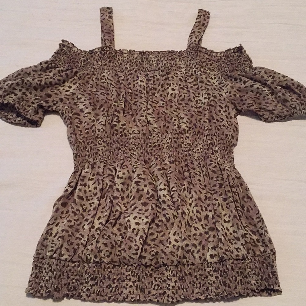 Mandee sizeS off the shoulder leopard print shirt